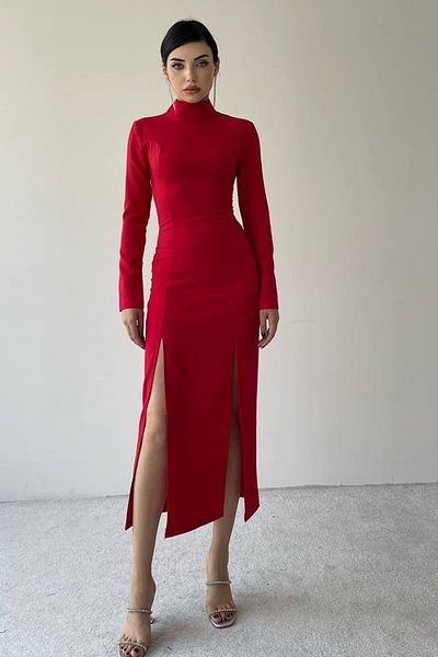 barış sülün lovebox Women's Atlas Fabric Half Turtleneck Red Midi Dress with Double Slit Design 339