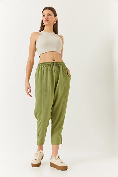 Bianco Lucci Women's Linen Elastic Waist Tie-Up Trousers with Detailed Pockets and Carrot Cut 60261419