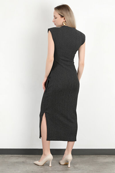 GİYSA Γυναικείο φόρεμα με υφή ανθρακί - Λεπτομέρεια με κορδόνια MS 0000577