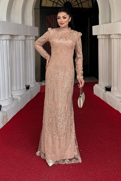 giyimmasalı Full Bead Fabric Design Evening Dress - Bronze