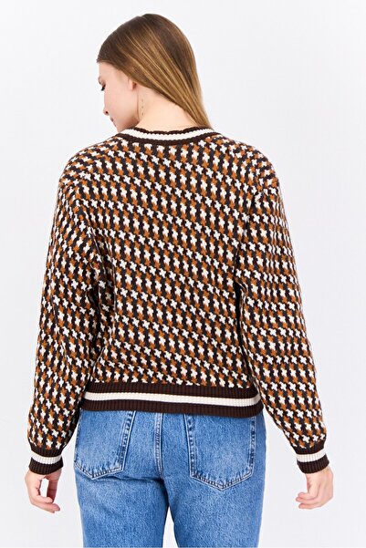 Lyle & Scott Women V-Neck Houndstooth Cardigan, Brown