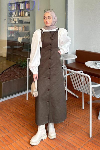 lamelif Dark Green Salopet with Buttons on the Front