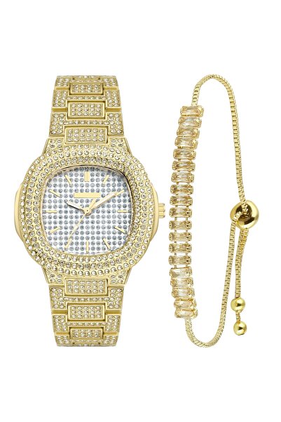 Forentina Taşlı Gold Metal Kol Saati-Baget Bileklik Kombin Set PS3929