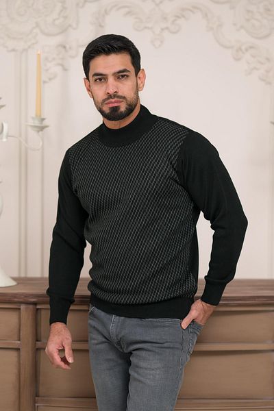 Woolen World Мъжки вълнен трикотажен пуловер с поло яка и шарки