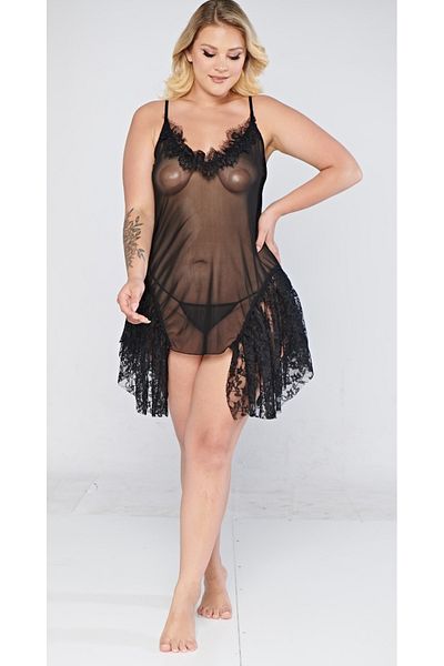 PRIMODA Fancy Plus Size Short Sexy See-Through Panty Tulle Lace Fancy Nightgown