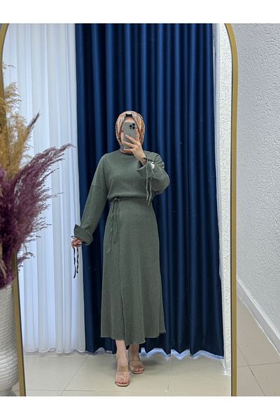 Ebrar Store Uludağ Dilba Suit - Drawstring Sleeves and Skirt, Khaki-Ek-H-110-2