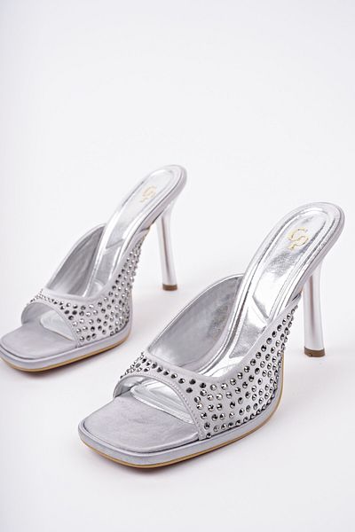 MUGGO PUJA Blunt Toe Thin Heeled Rhinestone Γυναικείες παντόφλες με τακούνι