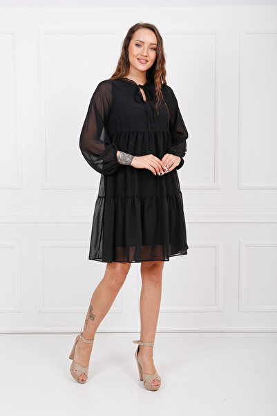 Sense Boyundan Bağlamalı Uzun Kol Şifon Içi Astarlı Elbise Elb32766 Siyah