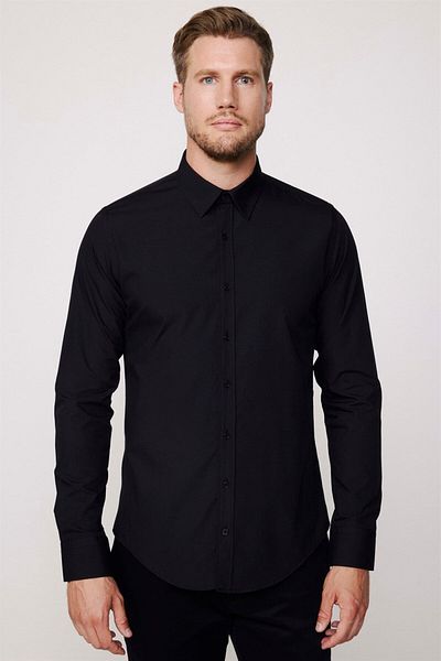Tudors Pánská Slim Fit Slim Fit Bavlněná froté bavlněná tkanina Snadno žehlitelná černá košile