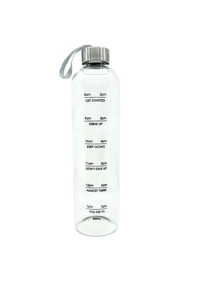 Kitchen Way 900ml Glass Flask - Motivational Writing - Drawstring with Metal Lid Kw-342