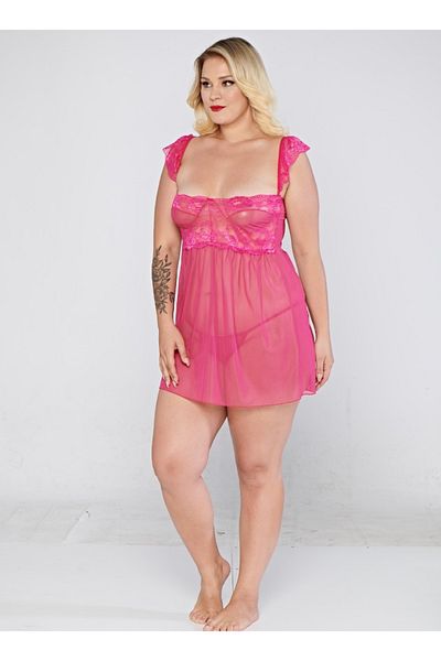 PRIMODA Fancy Plus Size Short Sexy See-Through Panty Tulle Lace Fancy Nightgown