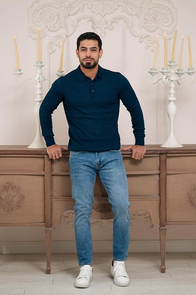 Woolen World Мъжки вълнен трикотажен пуловер с поло яка, с прилепнала кройка и шарки