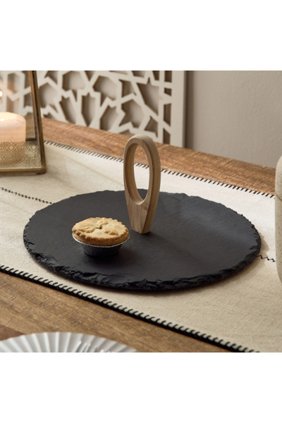 Home Box Eden Round Slate Cake Stand with Bamboo Handle
