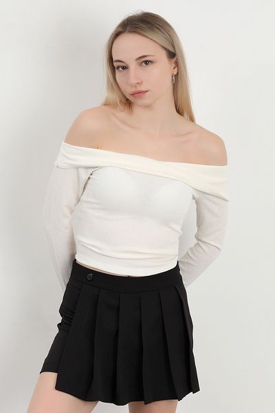 GİYSA Women's Madonna Collar Long Sleeve Wrap Blouse, Ecru, Ms 0000589