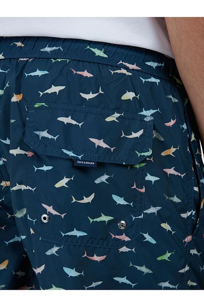 PAUL&SHARK Men's Shark Patterned Elastic Lace up Waistband Navy Blue Swim Shorts 25415033 -L09