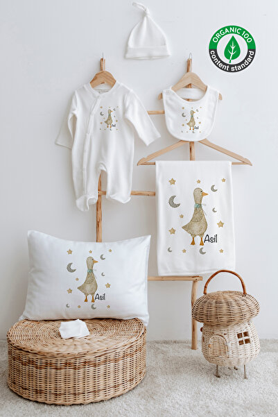 Lilabio %100 Organik Isme Özel Isimli 6lı Hastane Çıkışı Tulum Set Ördek