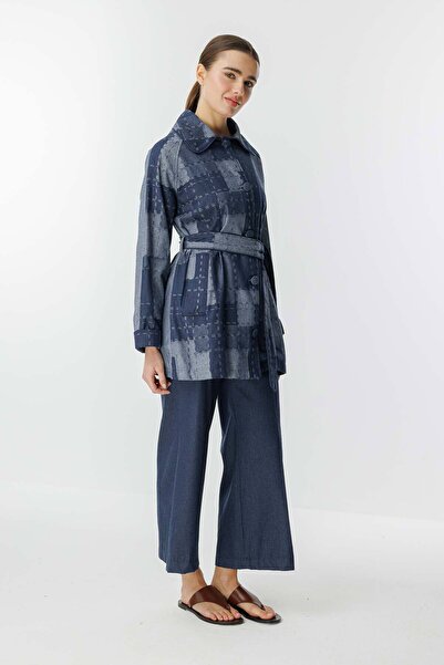 Hooopstore Μπουφάν Meri με τετράγωνο σχέδιο τζιν με υφή Navy Blue