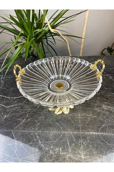 MAY HOME Glass Presentation Bowl with Handle - Metal Leg