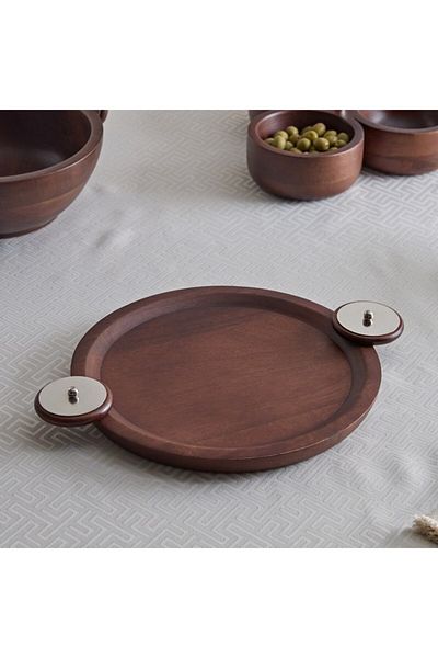Home Box Obje Wooden Round Tray with Wheel Handle - 38 cm