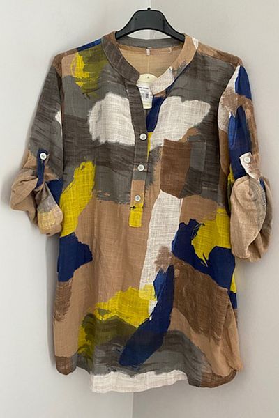 AYASOFYA OTANTIK Γυναικείο ιταλικό Cappuccino Patchwork με μοτίβο με λεπτομέρεια με πτυσσόμενο μανίκι 100% βαμβακερό πουκάμισο μπλούζας