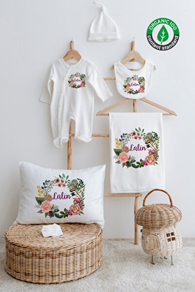 Lilabio %100 Organik Isme Özel Isimli 6lı Hastane Çıkışı Tulum Set Çiçek