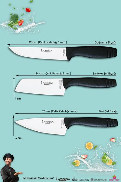 LAZBİSA Eco Series Kitchen Knife Set Meat Bread Vegetable Salad Pizza Dumpling Pita Chef Knife Set of 3