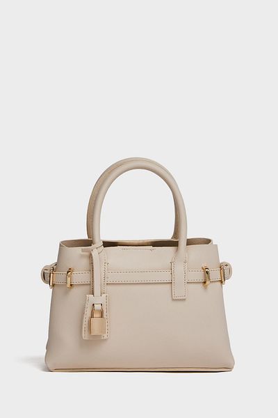 Madamra Cremefarbene Mini Lock Detaillierte Hand- und Umhängetasche für Frauen