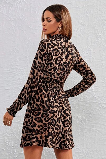 Mossta Καφέ βελούδινο φόρεμα - Λεοπάρ στάμπα και όρθιος γιακάς
