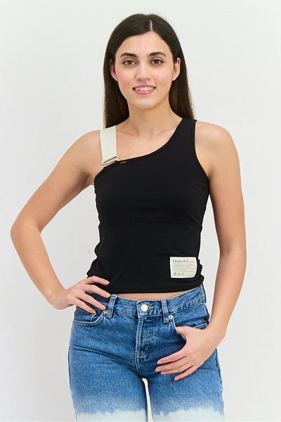 Tribe of 6 Women Asymmetric Neck Sleeveless Brand Logo Tank Top, Black