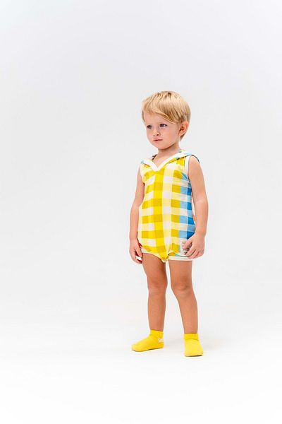 wakawakakidsstore Blue and Yellow Checkered Hooded Baby Jumpsuit