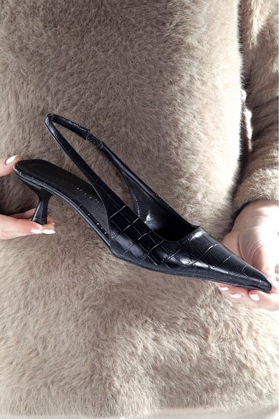 ZİESCE Women's Black Croco Patterned Elastic Detail Heel Shoes