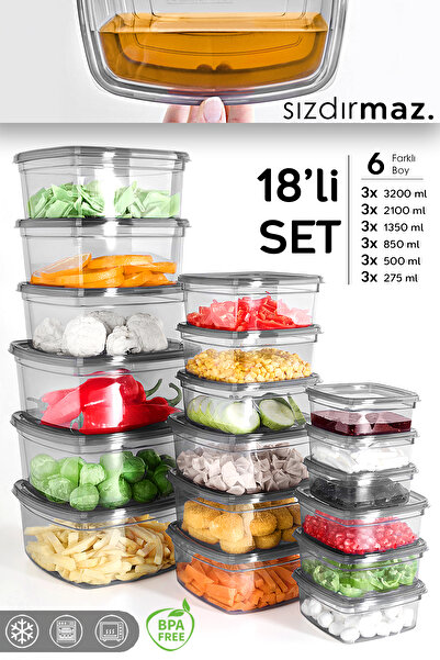 Meleni Home 18'li Kare Sızdırmaz Saklama Kabı Seti - Mikrodalgaya Uygun Düzen...