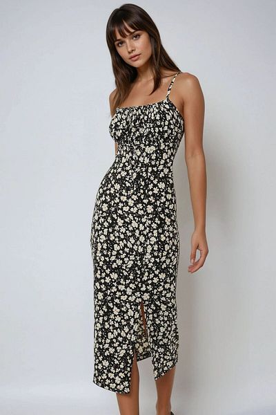 Hiccup Floral Print Bodycon Midi Dress with Slit Detail