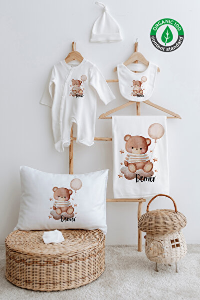 Lilabio %100 Organik Isme Özel Isimli 6lı Hastane Çıkışı Tulum Set Balonlu Ay...