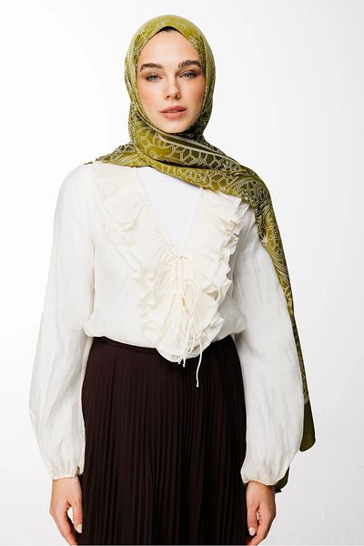 Mooncorn Lavin Pattern Double Sided Shawl Oil Green-Ecru