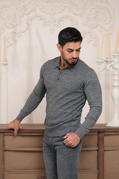 Woolen World Мъжки вълнен трикотажен пуловер с поло яка, с прилепнала кройка и шарки