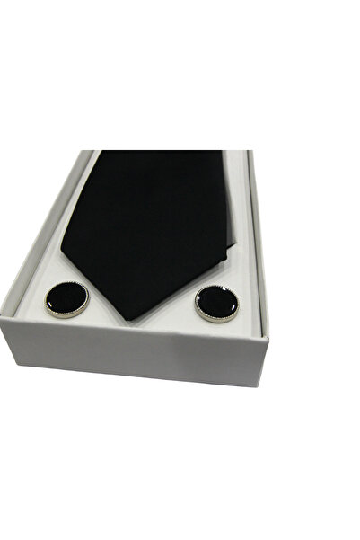 Elegante Cravatte Σετ μανικετόκουμπα και κλιπ γραβάτας σε μαύρο χρώμα με μονόχρωμο μαντήλι τσέπης