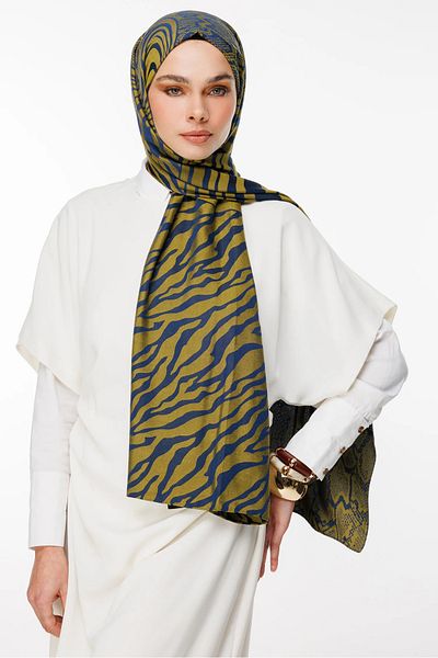 Mooncorn Σάλι Riad Pattern Διπλής Όψης Navy Blue-Oil Green