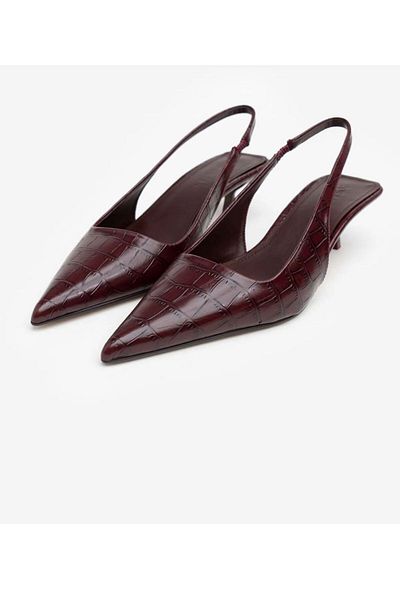 ZİESCE Women's Burgundy Croco Patterned Elastic Detail Heel Shoes