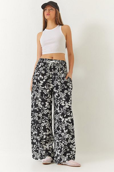 Bianco Lucci Women's Elastic Waist Tie Patterned Pocket Viscose Palazzo Trousers 60261433