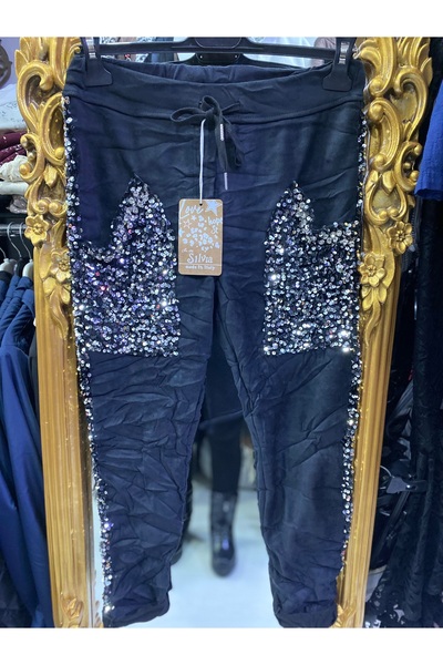 Butik Ayseba Kadın Siyah Süet Pullu Pul Payet Taşlı İtalyan Pantolon