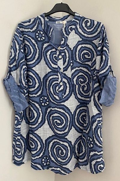 AYASOFYA OTANTIK Bluză 100% bumbac pentru femei, albastru indigo italian, cu model încolăcit, cu detaliu de nasturi, cu mâneci orfane pliate