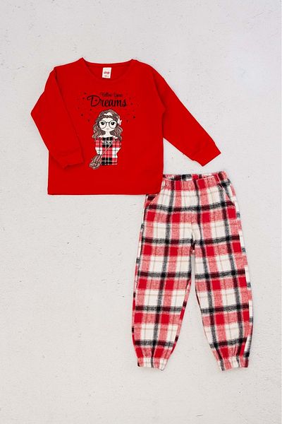ww waka waka kids store Girls' Front Printed Plaid Patterned Pants Pajama Set - Red - 6-7 Years