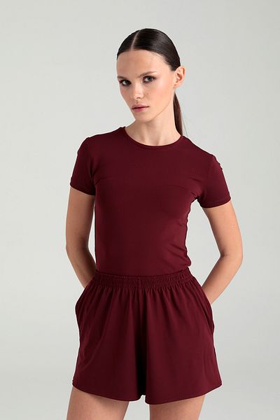 SHEISMONO Soft Touch Блуза с обло деколте и къс ръкав в бордо червено