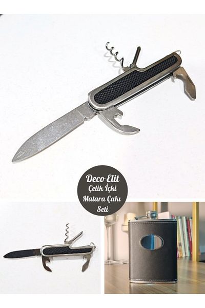 Deco Elit Steel Flask Gift Set Drink Pocket Flask with Leather Covered 2 Shot Glasses Multifunctional with Pocket Knife and Pen