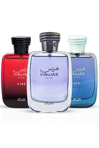 Rasasi Hawas Set, Hawas Ice and Hawas Fire Eau de Parfum Spray 100ml 3 Pieces Completes a Man's Elegance