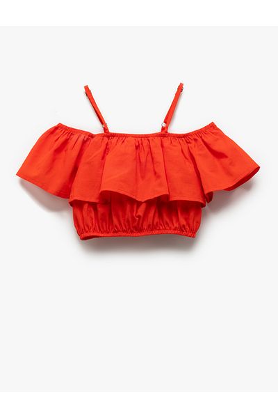 Koton Cotton Off-Shoulder Thin Straps Layered Ruffle Crop Blouse
