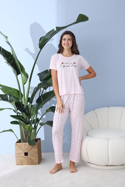 BEYAZTOPTAN White Wholesale Women's Quality Short Sleeve Cherry Pjamas Tkm