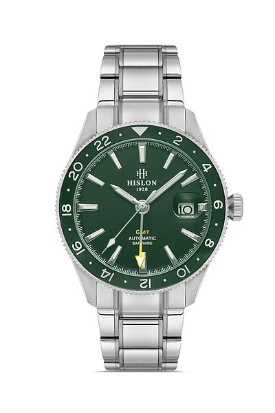Hislon Men's Silver-Green Steel Case Round Dial Metal Band Wrist Watch Quartz Mechanism Analog Display