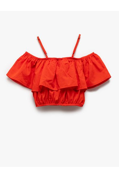 Koton Cotton Off-Shoulder Thin Straps Layered Ruffle Crop Blouse